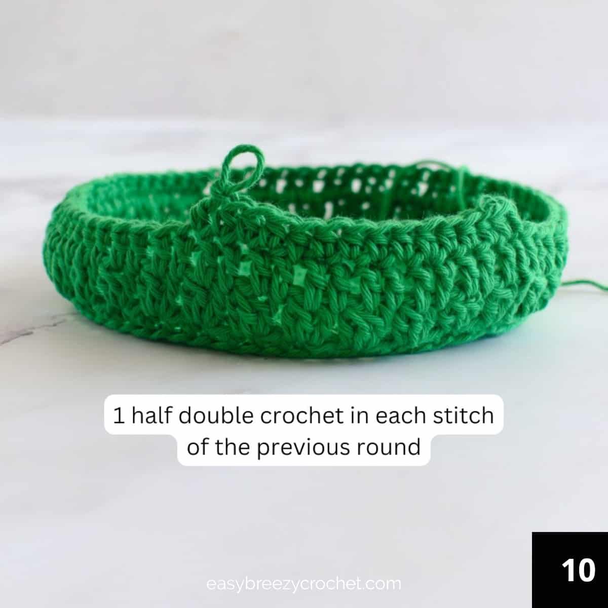 Round ten half double crochet stitches.