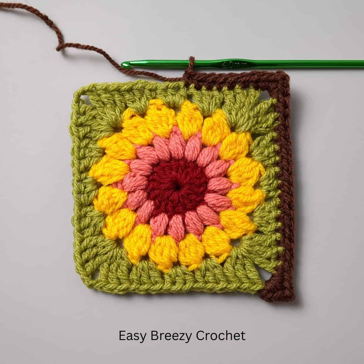 Brown crochet border on a granny square.