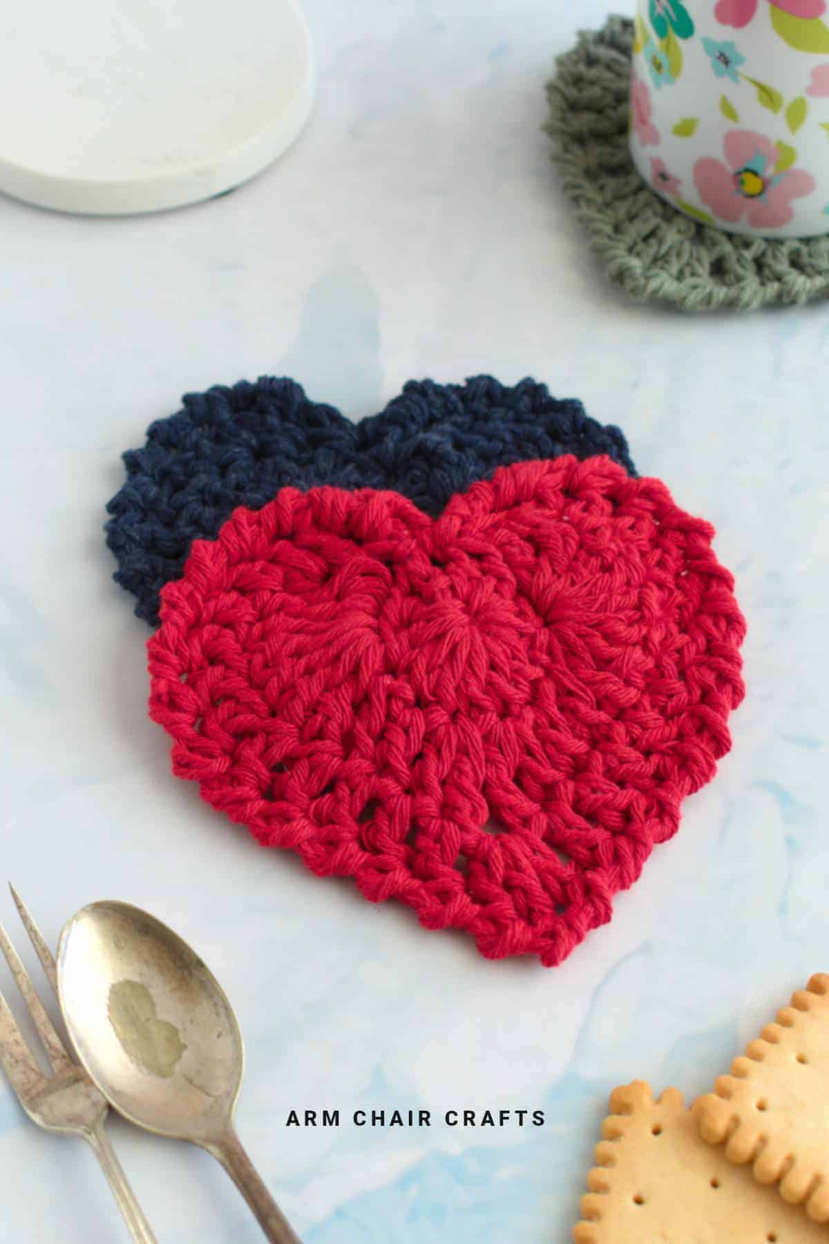 Red heart crochet coaster.