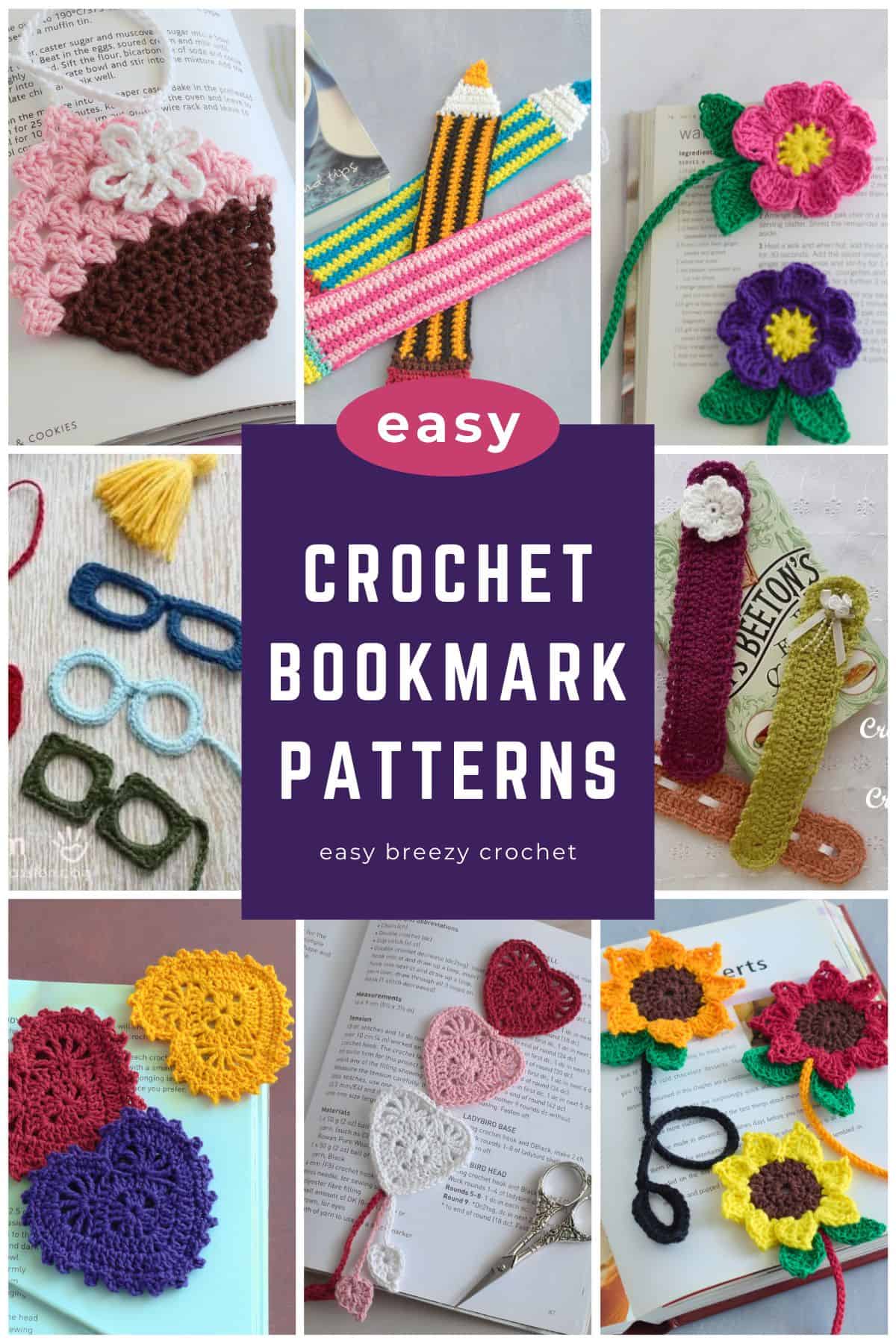 Image collage of crocheted bookmarks.