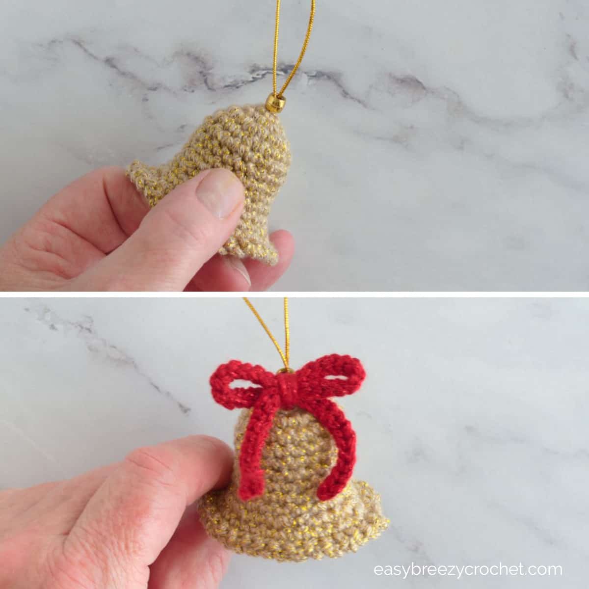 Image showing gold bead on hanging loop and red bow on a finished crocheted bell.