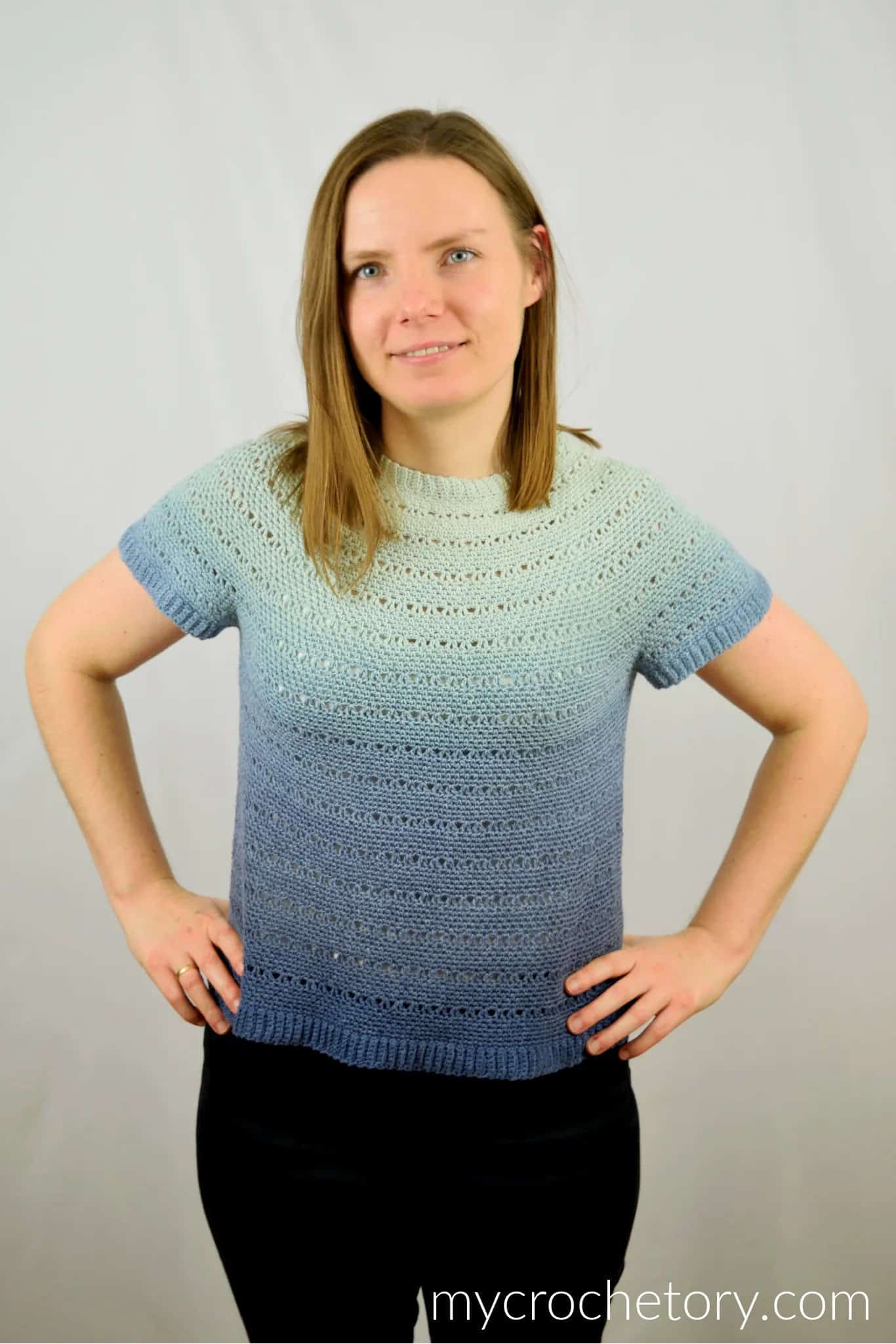 An ombre colored crochet top.