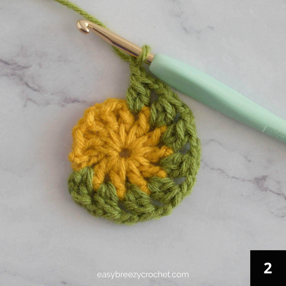 An amber and olive green crocheted circle.