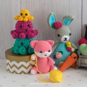 Mini crochet octopus, crochet cat and crochet rabbit.