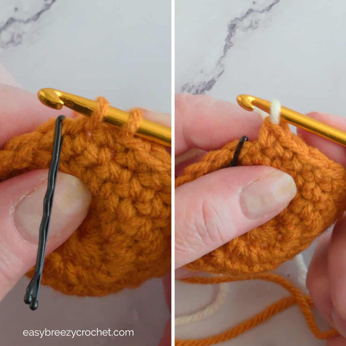 Image showing how to change color in crochet amigurumi.