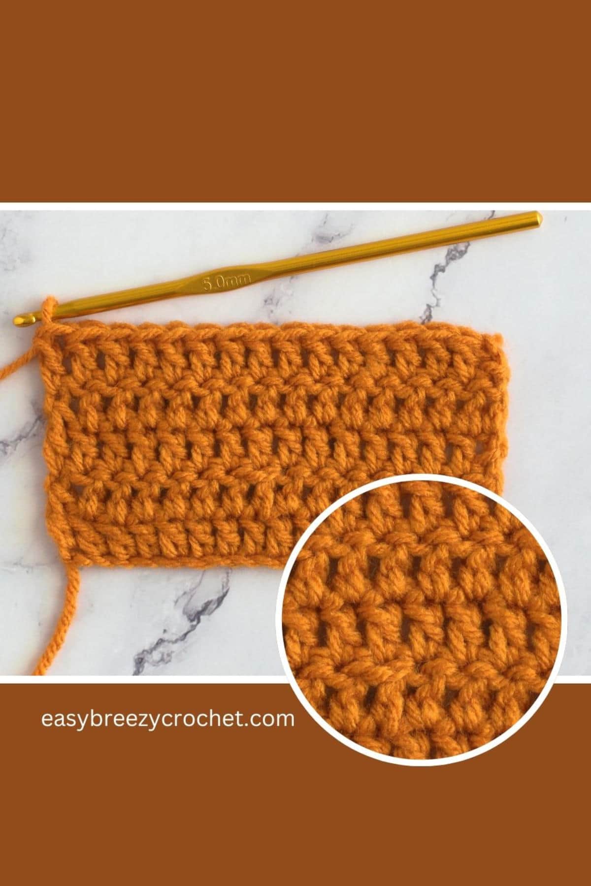Image of double crochet stitches worked in pumpkin colored yarn.