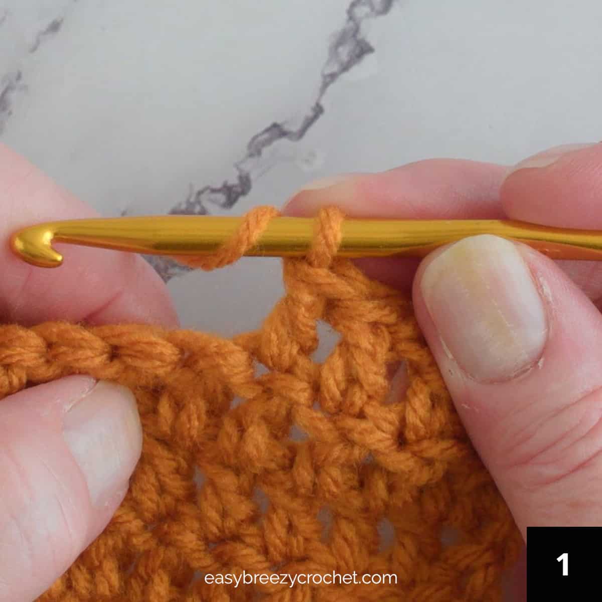 One loop on a crochet hook and yarn over the hook.