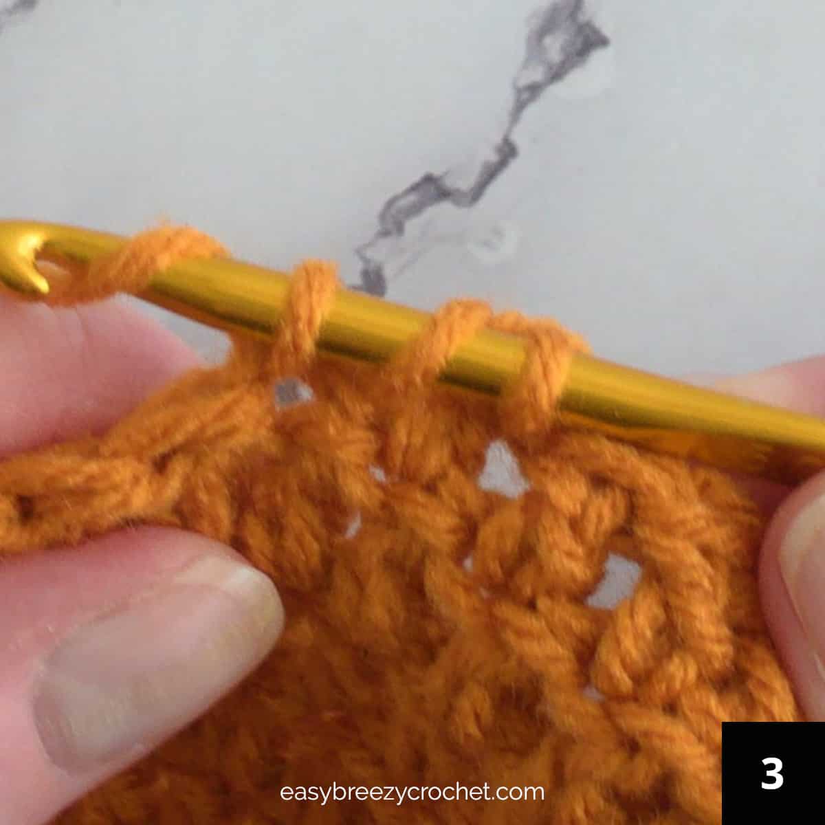Three loops and a yarn over on a crochet hook.