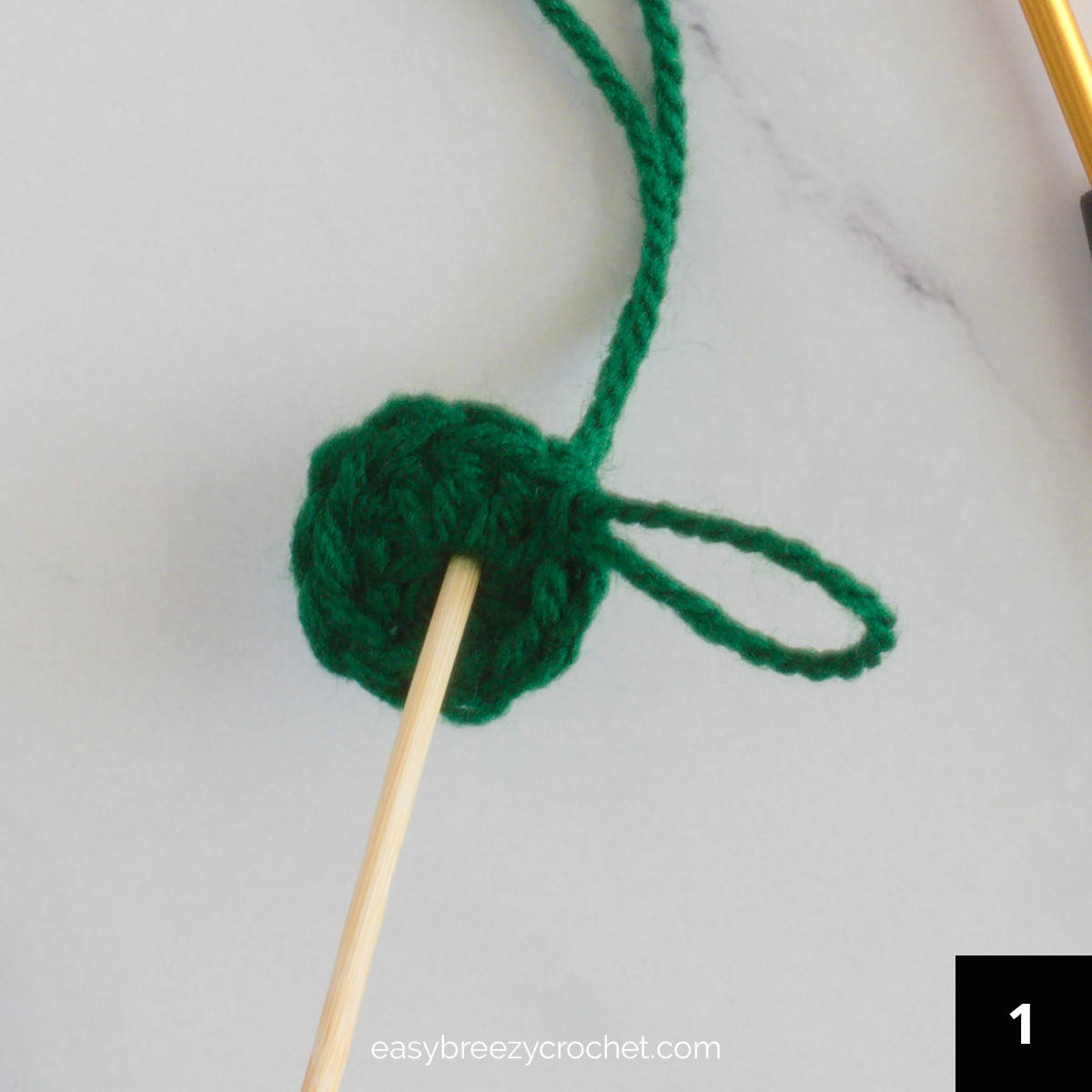 Image of a crochet circle and a bamboo skewer.