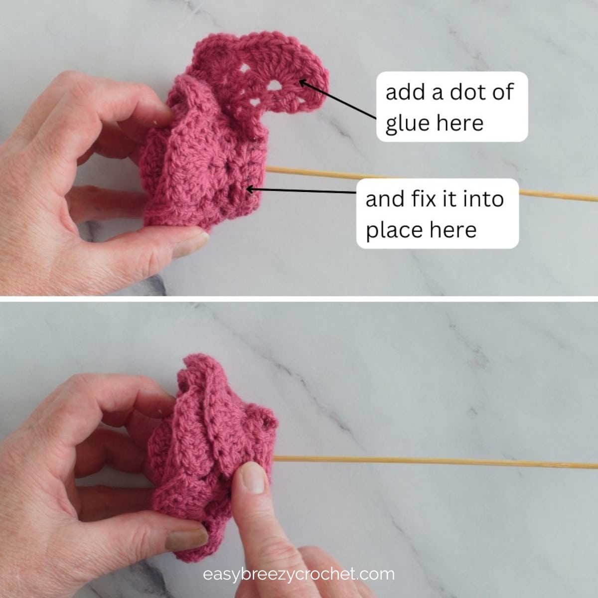 An image showing how to finish gluing a crochet rose flower.