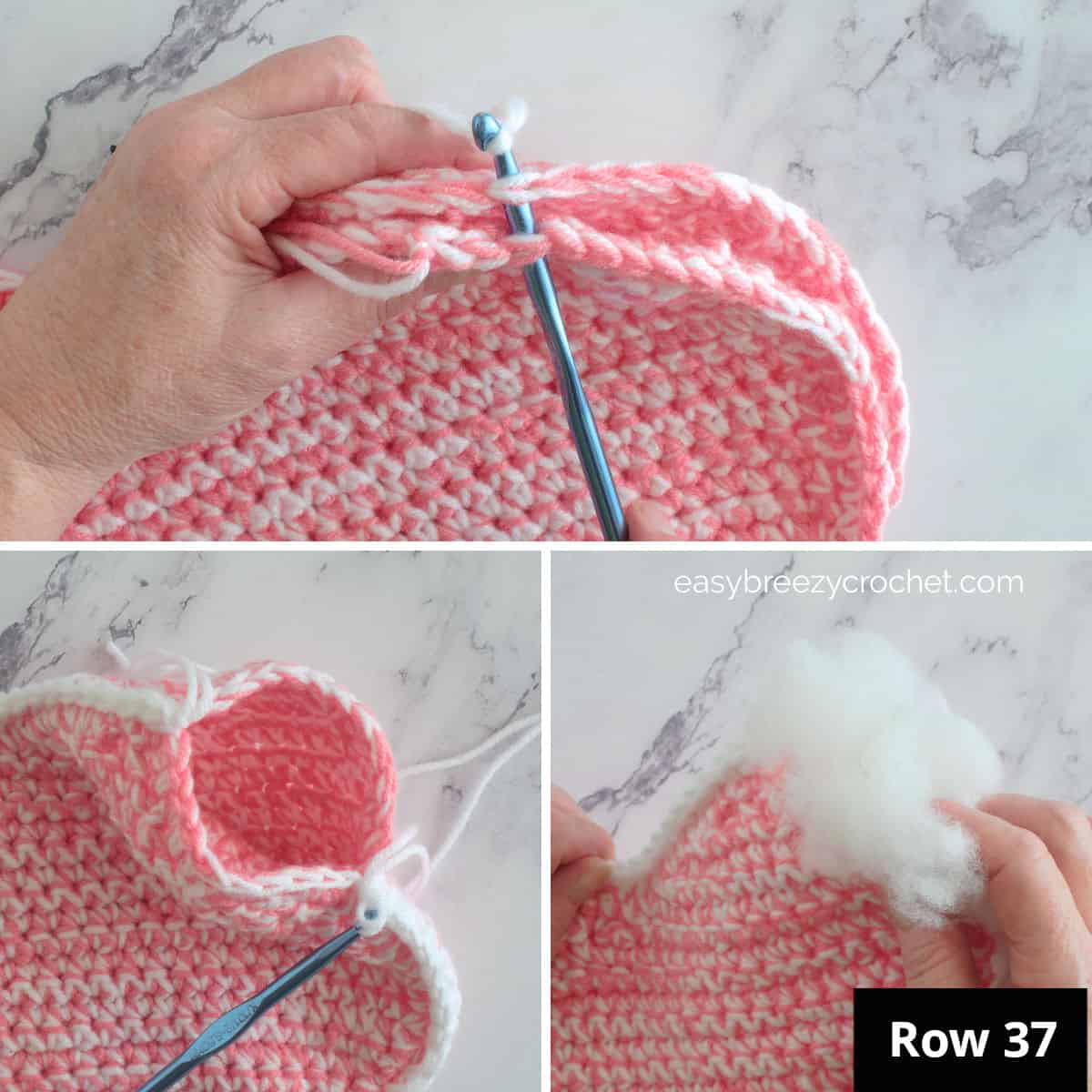 Joining and filling the crochet pillow.