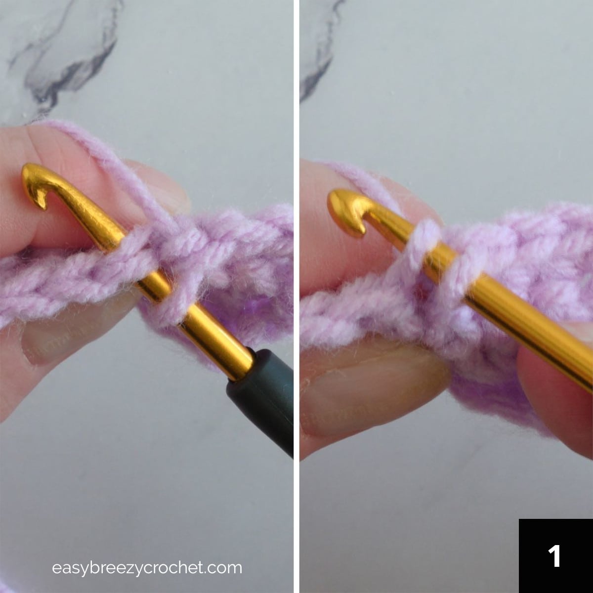Step one of how to make a single crochet decrease.