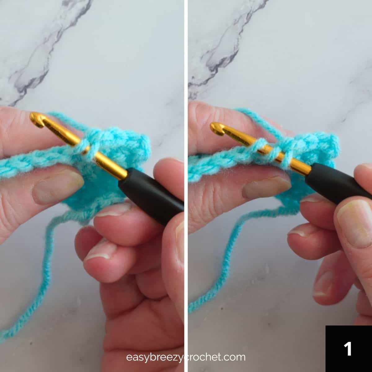 Image of step one of how to make a single crochet invisible decrease.