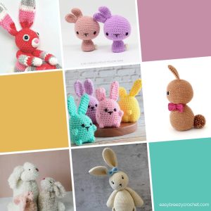 Image of different crochet bunnies and colored squares.