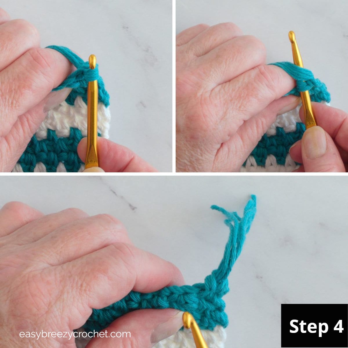 A three part image showing how to attach yarn to a crochet edge to create a fringe.

