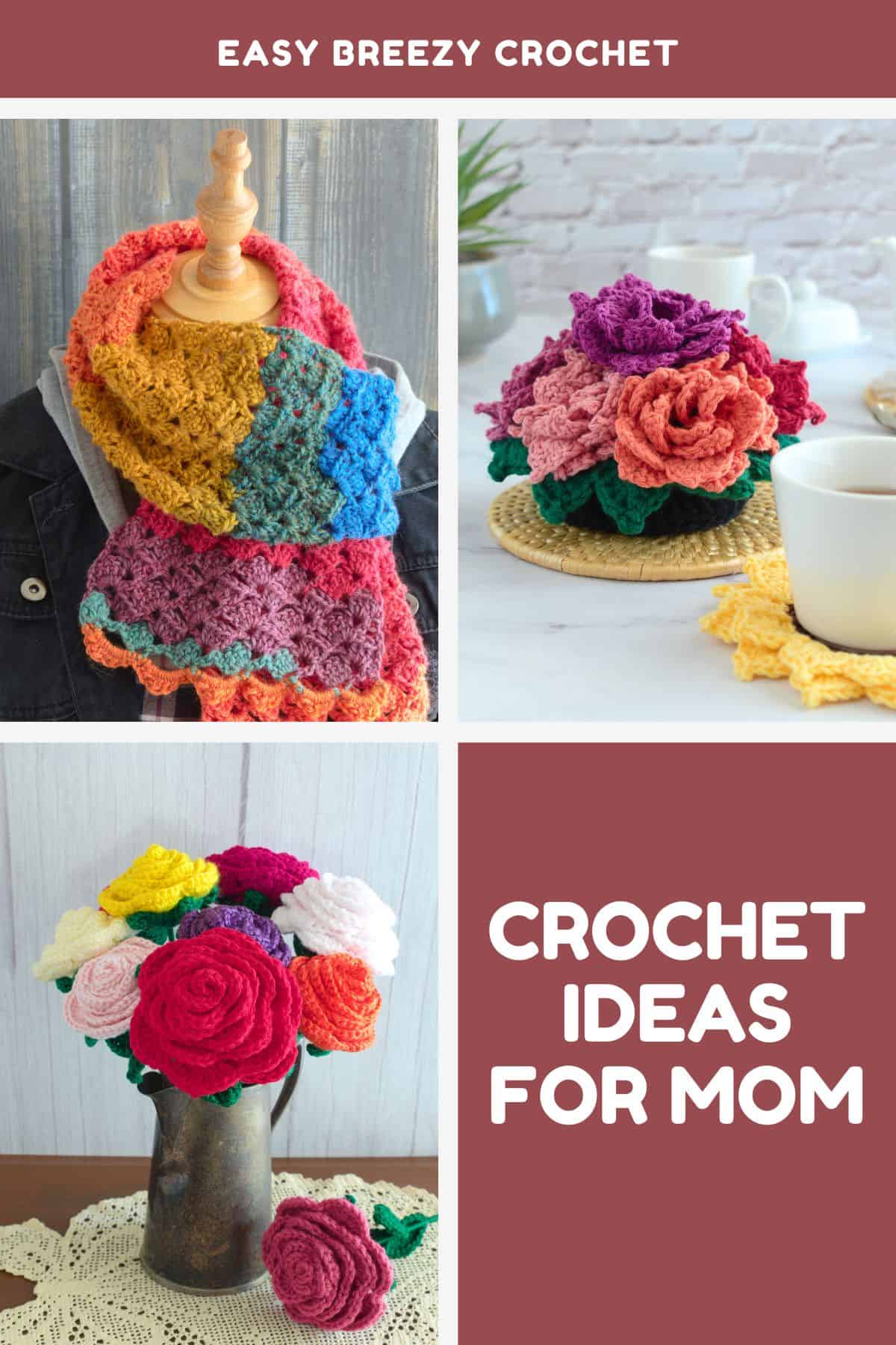 Image showing a crochet scarf, flower coasters and crochet roses.