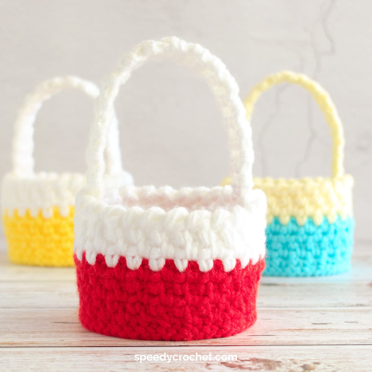 Red and white crochet basket.