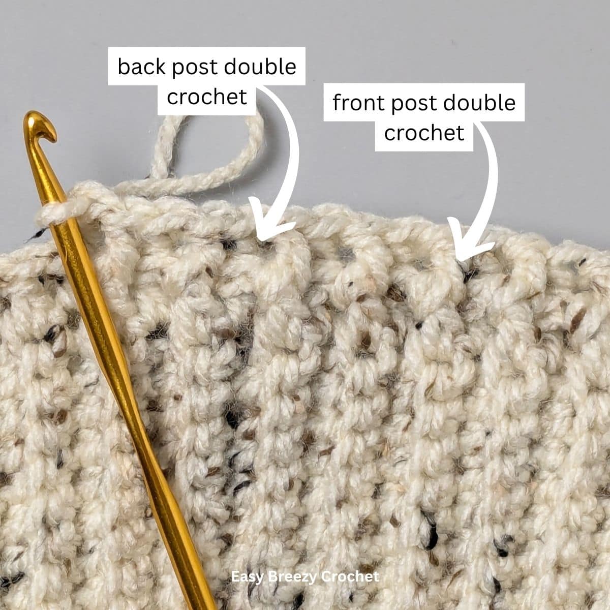 Image showing where to place double crochet stitches to crochet for front post and back post stitches.
