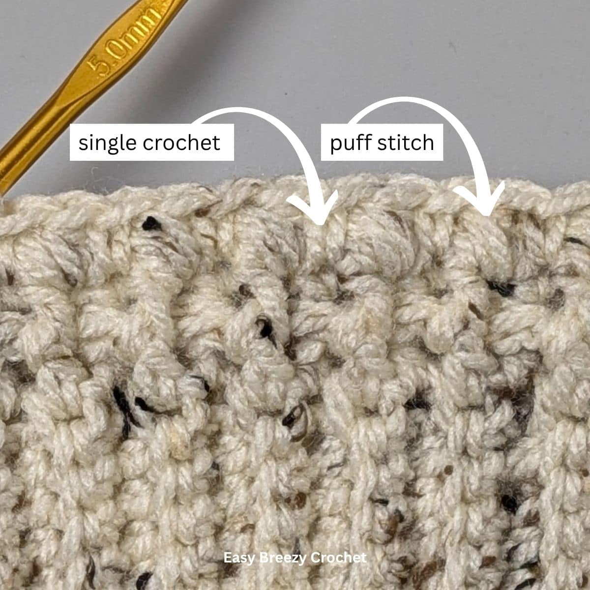 Image showing a row of single crochet and puff stitches.
