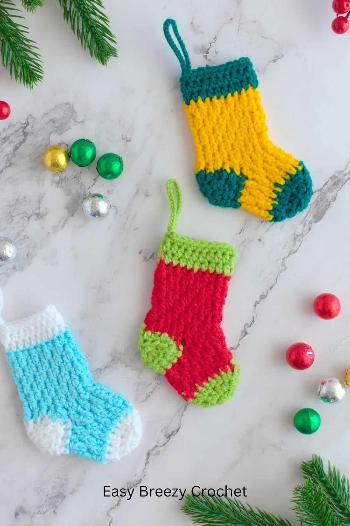 Blue, red and yellow Christmas tree decorations.