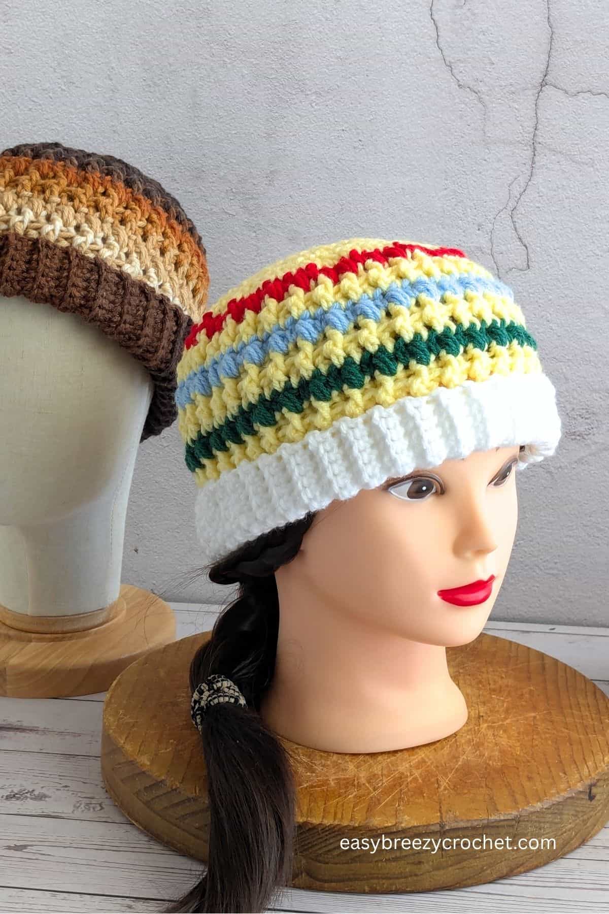 Yellow crochet beanie.