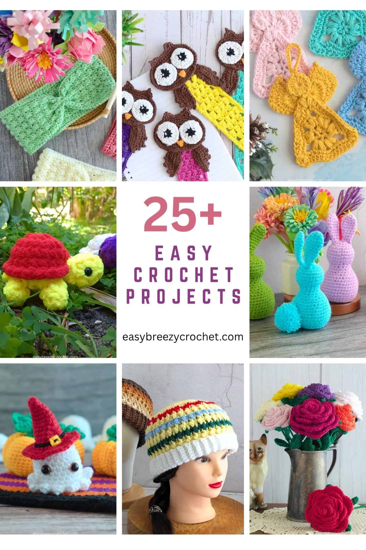 Image showing different crochet projects like, crochet bunnies, beanies and bookmarks.