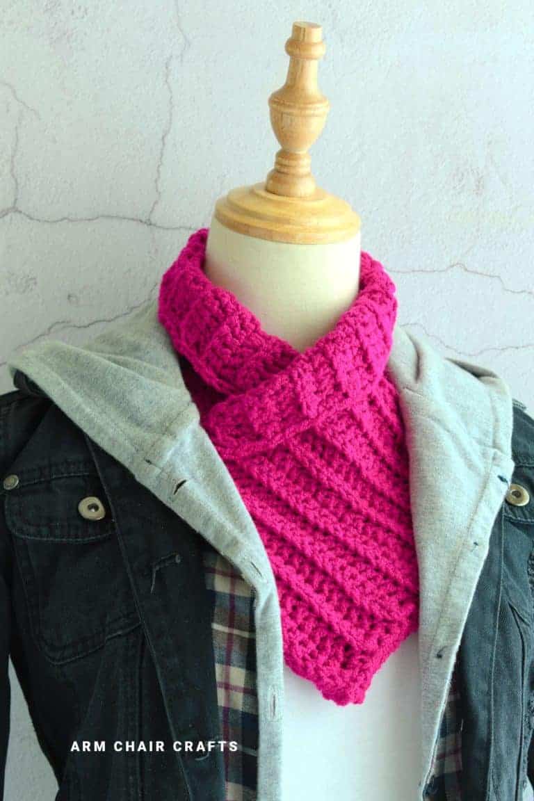 Pink crochet cowl.