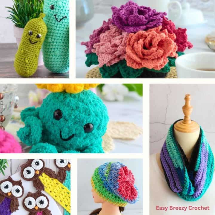 Image collage of small crochet gift ideas.