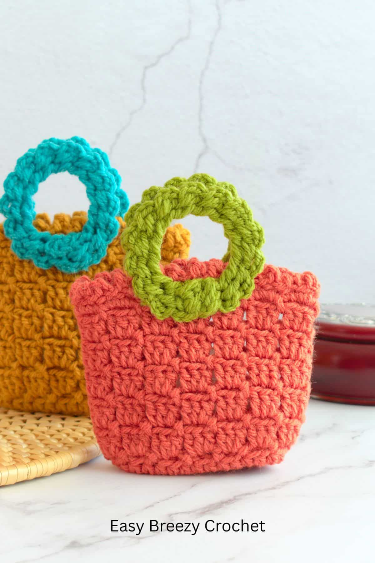 Orange and green crochet gift bag.