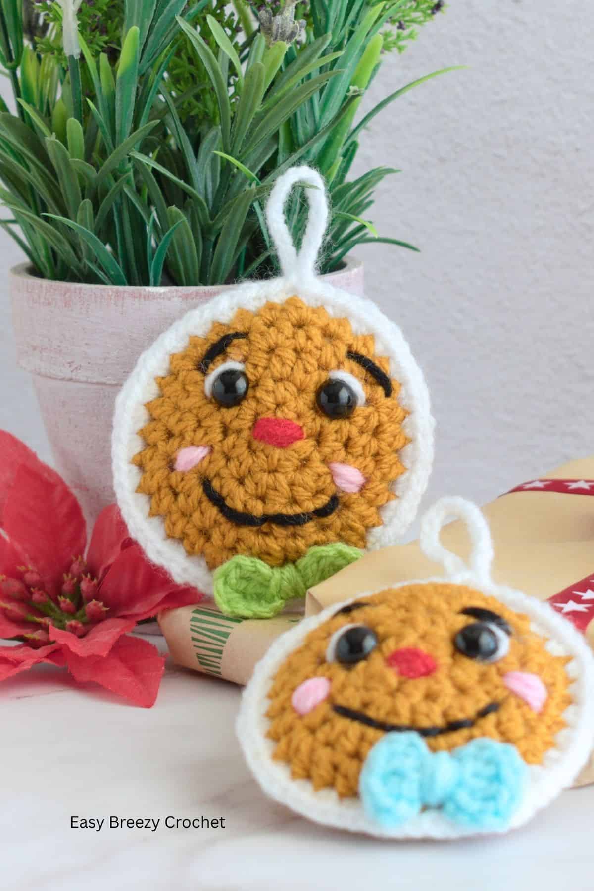 Close up of a crochet Christmas tree ornament.