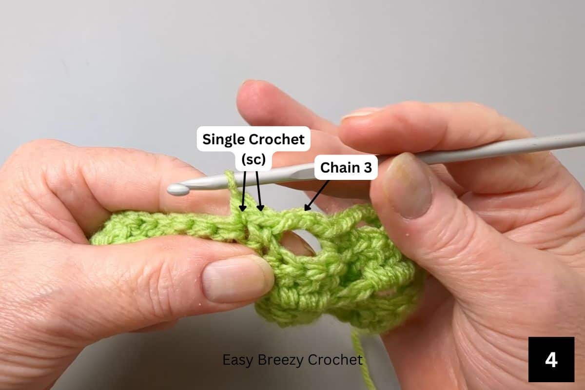 Process shot of round four of the vertical raised post block stitch pattern.