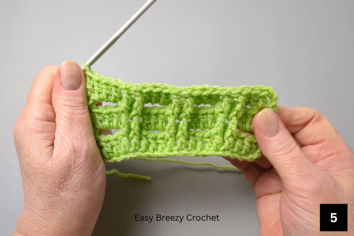 A finished swatch of vertical raised post block stitch.