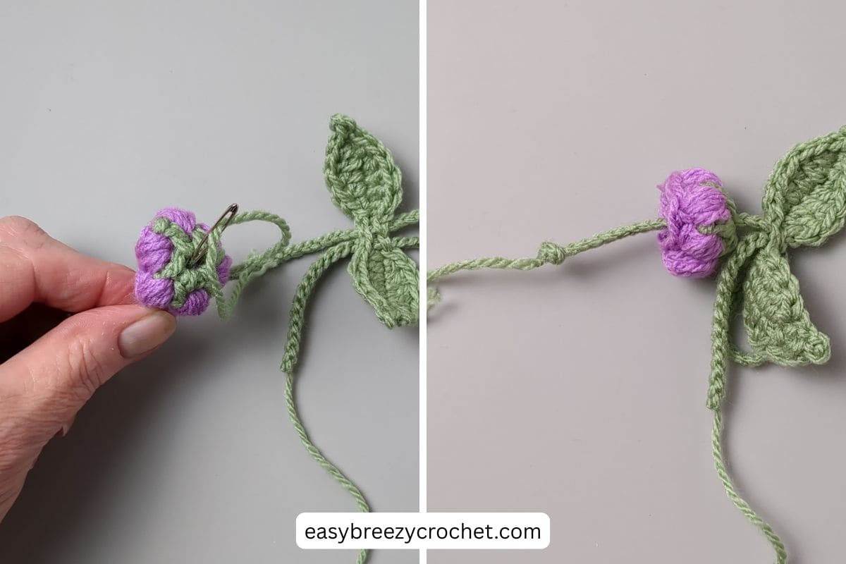 Image showing how to attach flowers to a crochet bag charm.