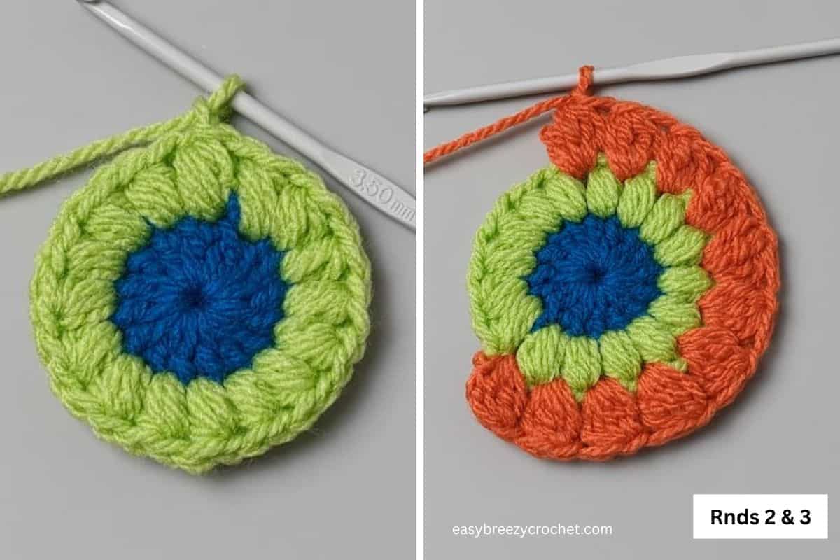 Crochet circles in green and orange.