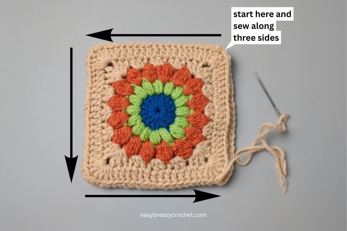Image showing instructions on how to sew two granny squares together to make a chicken.