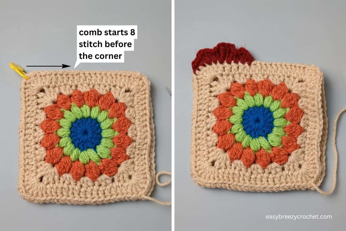 A visual guide on where to start crocheting a comb on a crochet chicken.