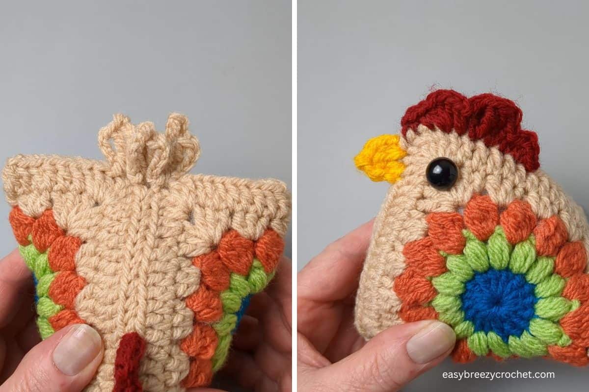 Image showing tail feather placement and eye placement on a granny square chicken.