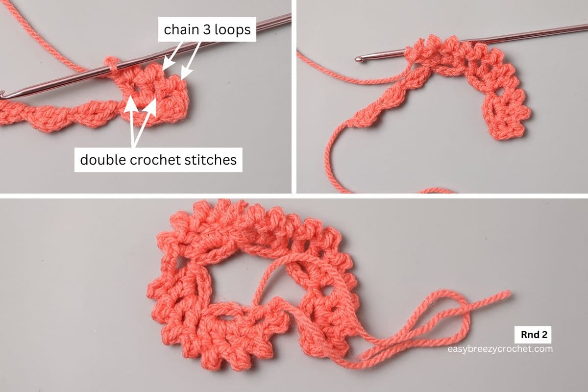 Image showing stitches made in the first round for a crochet rose.