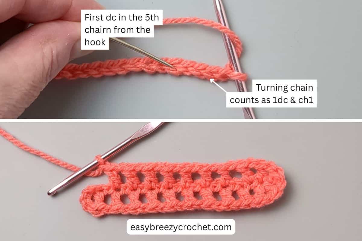 Split image showing the start of round one or a crochet mesh bab.