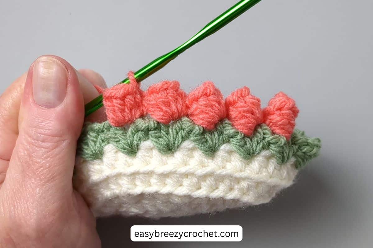 Popcorn stitches on a crochet basket.