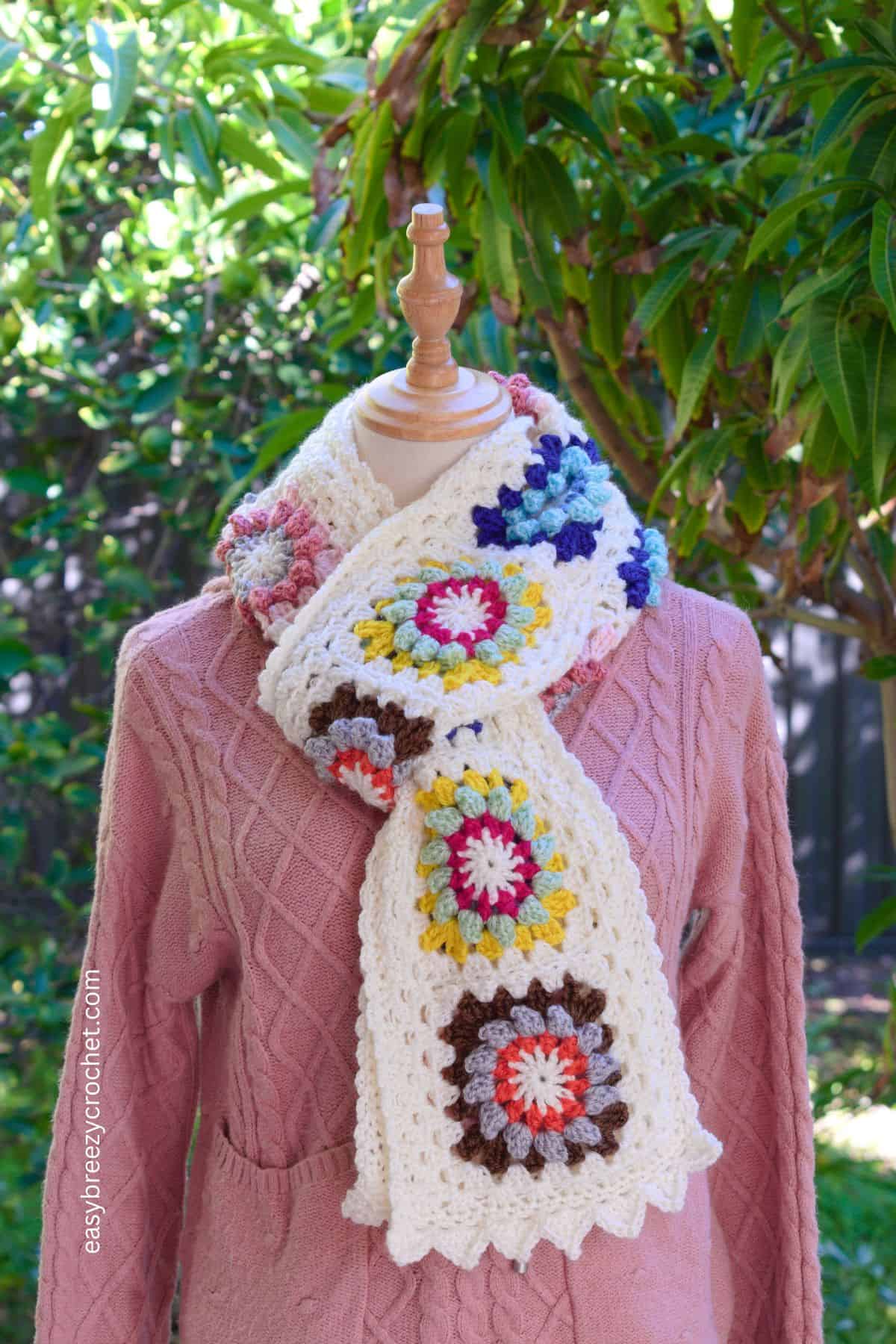 Granny square crochet scarf.