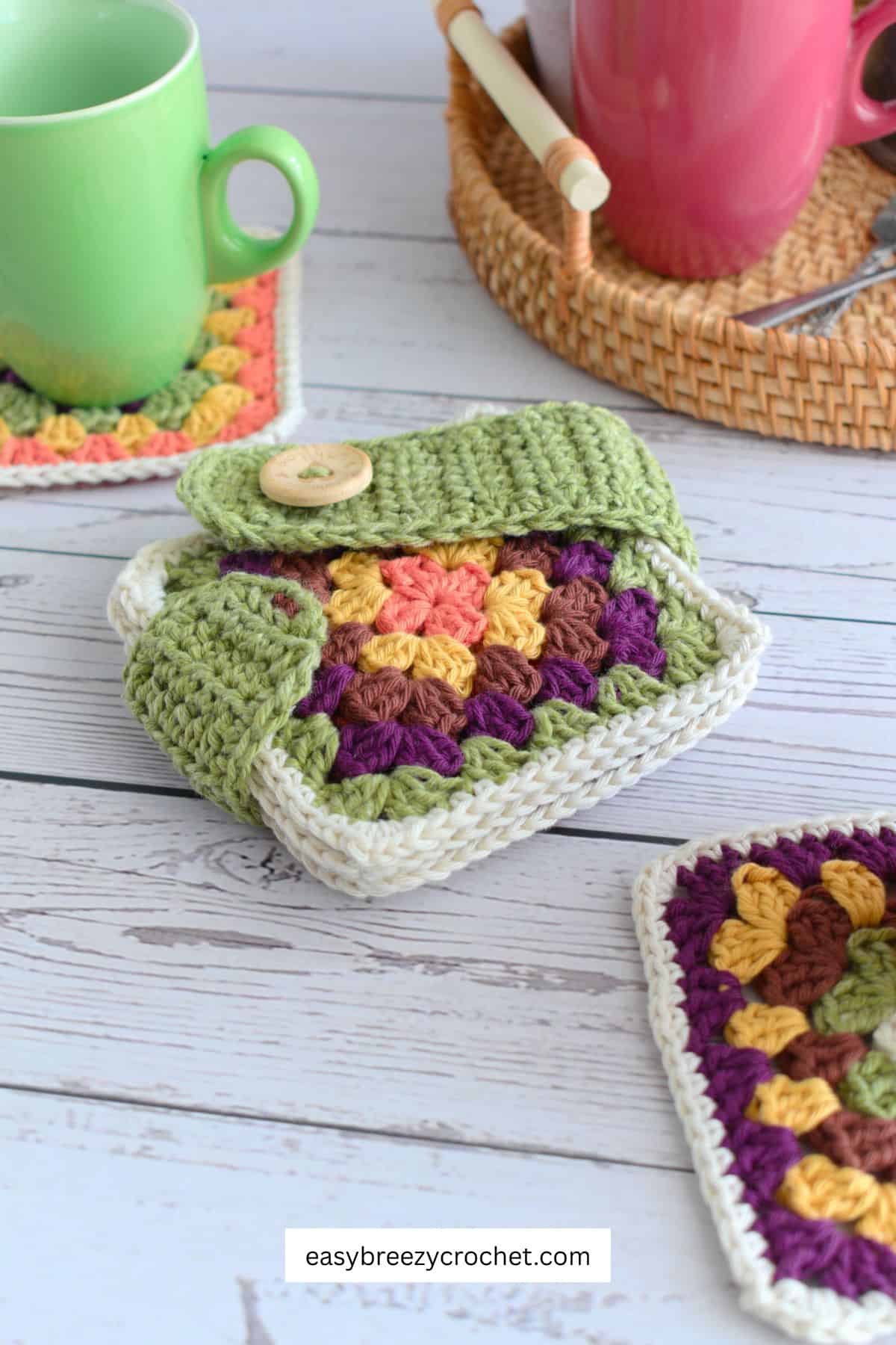 Granny square crochet coaster pattern.
