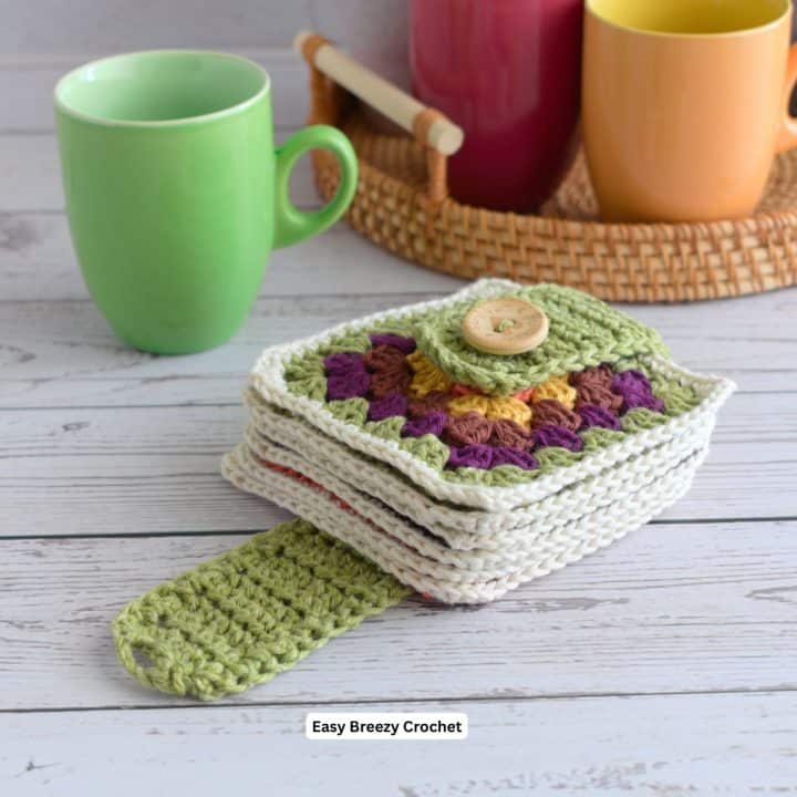 Crochet granny square coasters.