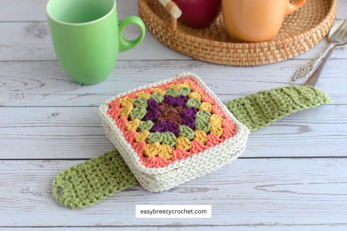 Crochet coasters on a table.
